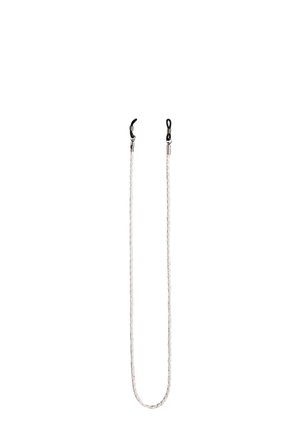 Braided white rope strap with two metal clips at each end. The strap is thin and flexible, suitable for securing items or glasses.