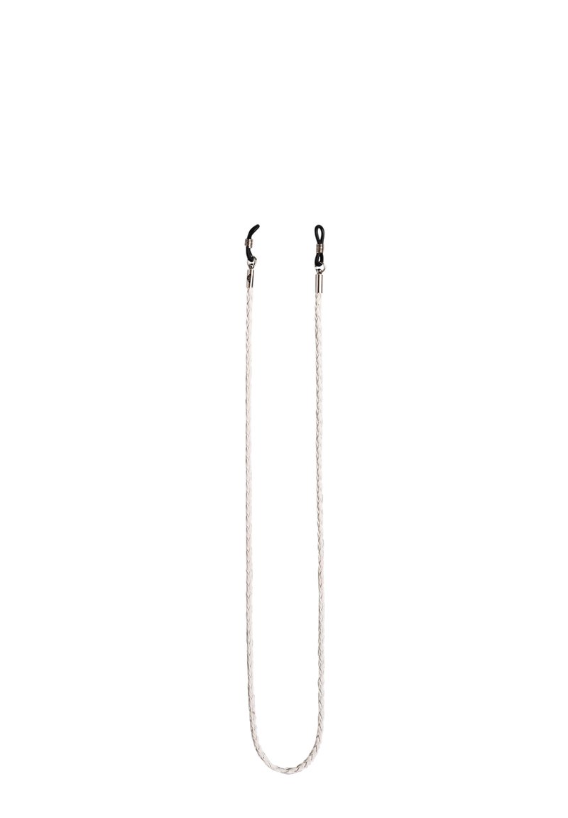 Correa de cuerda blanca trenzada con dos clips metálicos en cada extremo. La correa es delgada y flexible, adecuada para asegurar objetos o gafas.