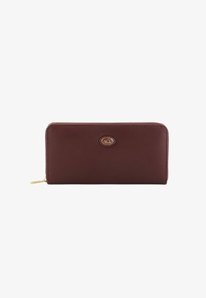Brown textured leather wallet with gold zipper and logo accent. Features a rectangular shape and smooth finish. Measures approximately 8 inches wide.