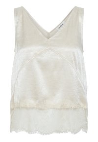 Top senza maniche di colore bianco sporco, caratterizzato da una finitura satinata testurizzata. Design a scollo a V con pizzo lungo l'orlo e dettagli leggermente sfrangiati.