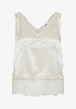 Sleeveless top in off-white, featuring a textured satin finish. V-neck design with a lace trim at the hem and subtle frayed details.