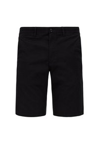 Black cotton shorts with a straight cut, featuring a button closure, belt loops, and side pockets. Smooth texture with no patterns.