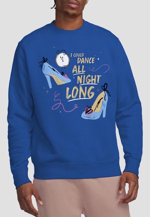 Blauer Sweatshirt mit einem grafischen Design, das High Heels, eine Uhr und den Text "Ich könnte die ganze Nacht tanzen" zeigt.