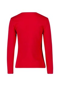 Rotes Langarmshirt mit Rundhalsausschnitt, taillierter Form und glatter Textur. Die Rückansicht zeigt eine einfarbige Fläche ohne zusätzliche Details.