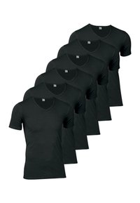 Six black cotton t-shirts with short sleeves and v-necklines, featuring a smooth texture and no visible patterns or embellishments.
