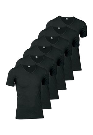 Seks sorte bomulds t-shirts med korte ærmer og v-hals, der har en glat tekstur og ingen synlige mønstre eller udsmykninger.