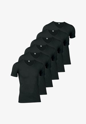 Six black cotton t-shirts with short sleeves and v-necklines, featuring a smooth texture and no visible patterns or embellishments.