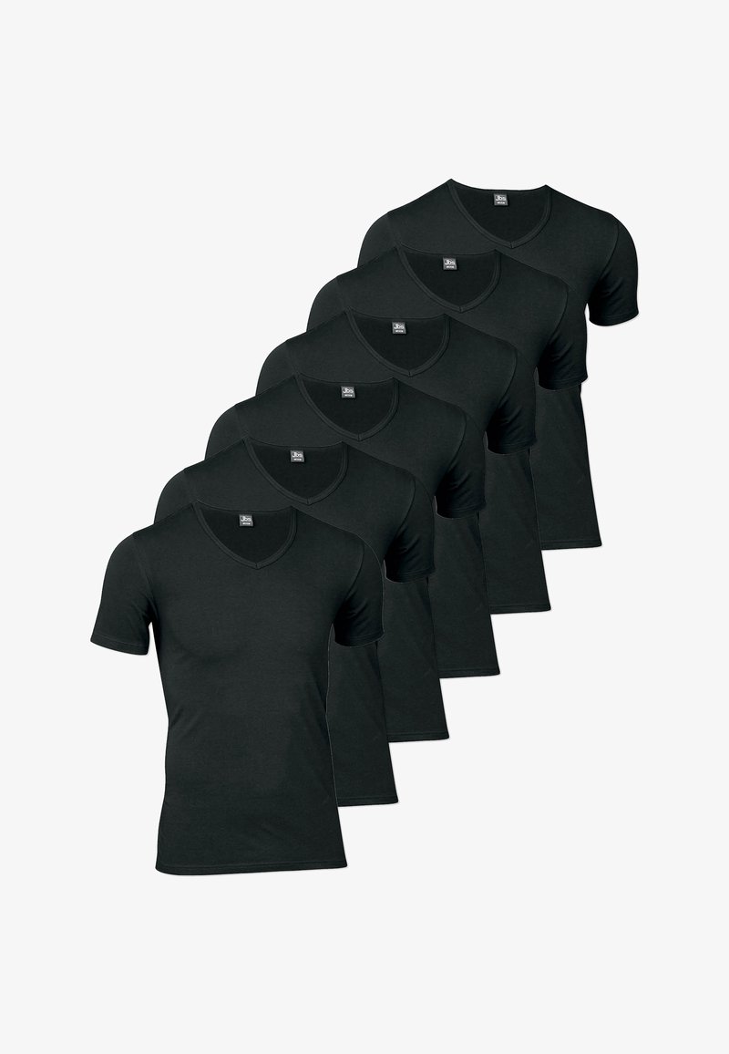 Six black cotton t-shirts with short sleeves and v-necklines, featuring a smooth texture and no visible patterns or embellishments.