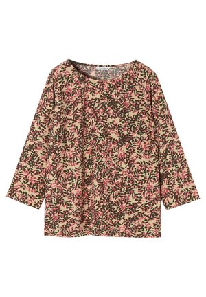 Bežinė ilgomis rankovėmis palaidinė su rožinėmis ir tamsiai žaliomis lapų gėlių raštais, apvalia kaklo iškirpte ir laisva forma.