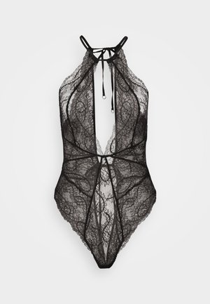 Zwart kanten bodysuit met halterhals, ingewikkelde bloemmotieven, open rugontwerp en verstelbare strikjes bij de hals en taille.