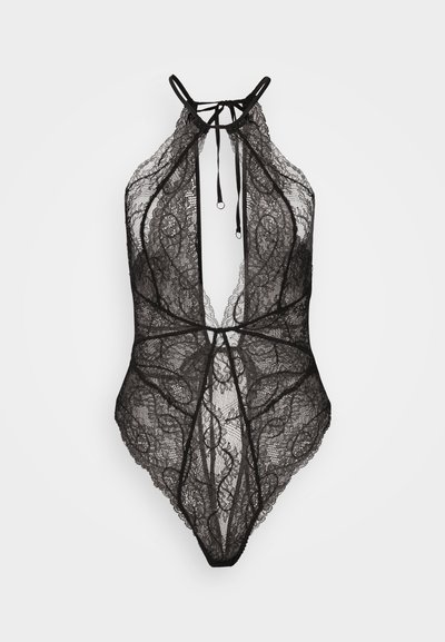 Black lace bodysuit with halter neckline, intricate floral patterns, open back design, and adjustable ties at neck and waist.
