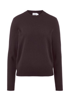 Dunkelbrauner Langarm-Pullover mit Rundhalsausschnitt, ribbeden Bündchen und Saum, aus weichem Strickstoff gefertigt.
