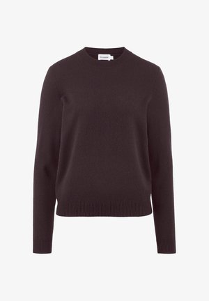 Donkerbruin langemouwen crewneck trui met geribde manchetten en zoom, gemaakt van zachte gebreide stof.