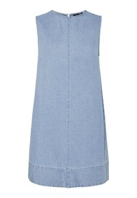 Rochie fără mâneci din denim albastru deschis, cu decolteu rotund și cusătură centrală, lungime peste genunchi și închidere cu fermoar la spate.