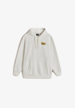 White hoodie made of soft fabric, featuring a front pocket, drawstring hood, and "Vans Off The Wall" embroidered logo in yellow.