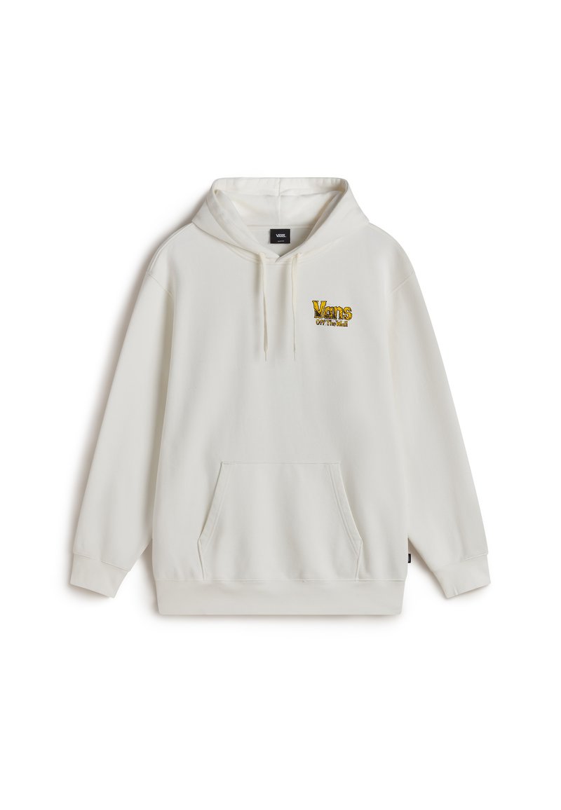 Witte hoodie gemaakt van zachte stof, met een voorzak, trekkoordkap en geborduurd "Vans Off The Wall" logo in het geel.