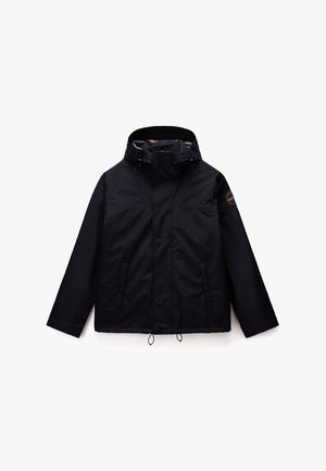 Veste imperméable noire avec capuche, cordon de serrage élastique à la taille, deux poches avant et un logo sur la manche. Texture lisse.