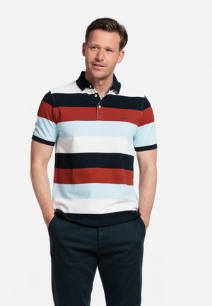 Short-sleeve polo shirt in light blue, white, black, and red stripes, featuring a classic collar and three-button placket.