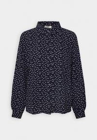 Navy blue button-up shirt with white dot pattern, collared neckline, and long sleeves with buttoned cuffs, made from soft fabric.