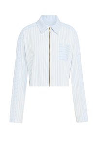 Krótka kurtka w jasnoniebieskim kolorze z białymi pionowymi paskami. Posiada zamek z przodu, kołnierz oraz kieszeń z detalem w paski.