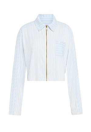 Krátka bunda svetlomodrej farby s bielymi vertikálnymi pruhmi. Má predný zips, golier a vrecko s detailom pruhovaného dizajnu.