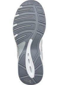 Gray rubber sneaker sole with horizontal and vertical grooves, featuring a white border, textured patterns, and an embossed logo detail.