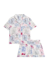 Kortärmad pyjamaset i lättviktigt tyg, med ett mångfärgat vykortsprint i blått, rosa och svarta detaljer. Inkluderar en ficka.