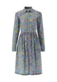 Abito button-up con colletto in tessuto azzurro chiaro, decorato con una stampa floreale multi-colore. Maniche lunghe e design con vita arricciata.