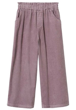 Pantalon large en velours côtelé de couleur mauve doux avec une texture côtelée, doté d'une taille élastique et de deux poches latérales.