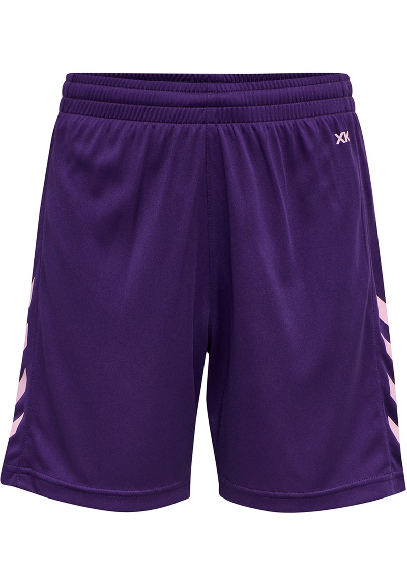 Lila sportshorts i ett slätt material, med en rosa accentdesign på sidorna och ett elastiskt midjeband med vikta detaljer.