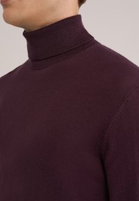 Temno vijolična pulover s turtleneck ovratnikom, izdelan iz gladkega pletenega materiala, s prilegajočo zasnovo in rebrasto ovratnico, prikazan s strani.