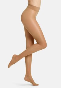 Durchsichtige, beige Strumpfhosen mit elastischem Bund, glatter Textur und semi-glänzendem Finish, die die Beine bis zur Mitte des Oberschenkels bedecken.