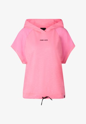 Pink short-sleeve hooded top with black "FIRE + ICE" text on chest and adjustable black drawstring at hem.