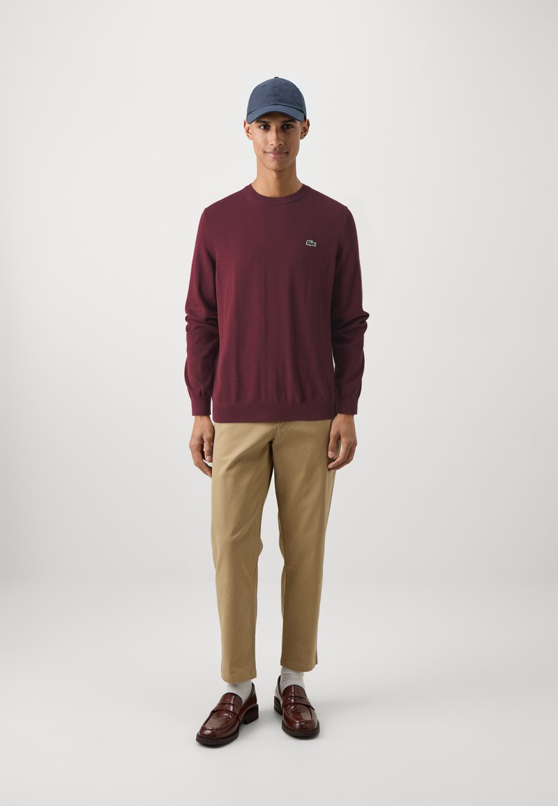 Maglione a maglia bordeaux, pantaloni beige, mocassini marroni, calze chiare e un berretto blu navy. Presenta un piccolo logo sul maglione. Sfondo neutro.