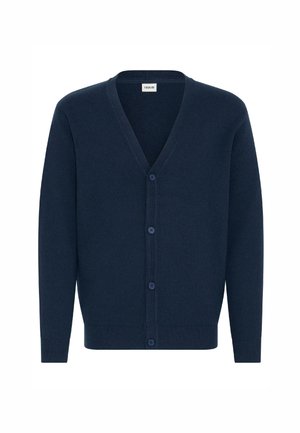 Cardigan bleumarin cu decolteu în V, mâneci lungi și închidere cu cinci nasturi. Fabricat dintr-un material moale, cu tiv și mansete din bumbac cu textură ribbed.
