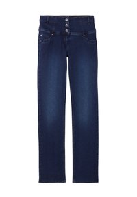 Dunkelblaue Jeans mit hoher Taille, drei Knopfverschlüssen und Fronttaschen. Der Stoff hat eine glatte Textur und einen leichten Farbverlauf.