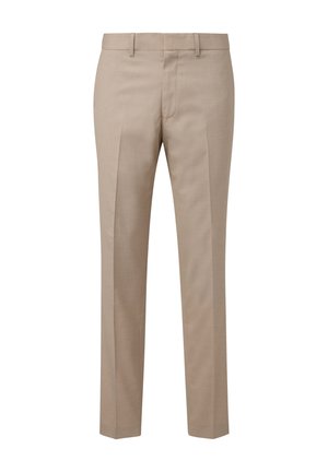 Beige maßgeschneiderte Hosen mit zwei vorderen Falten, geradem Schnitt, Reißverschluss und Gürtelschlaufen. Glattes Material mit subtiler Textur.