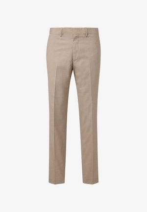 Beige maßgeschneiderte Hosen mit zwei vorderen Falten, geradem Schnitt, Reißverschluss und Gürtelschlaufen. Glattes Material mit subtiler Textur.