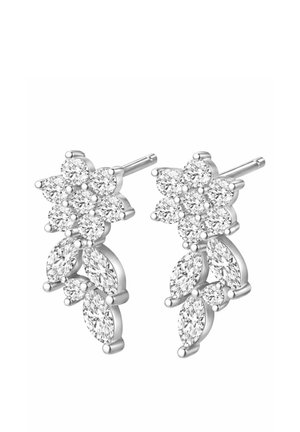 Silberne Ohrstecker in Blumenform mit runden und marquise-förmigen klaren Edelsteinen, die in einem zarten Cluster-Design angeordnet sind.