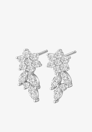 Silberne Ohrstecker in Blumenform mit runden und marquise-förmigen klaren Edelsteinen, die in einem zarten Cluster-Design angeordnet sind.