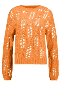 Pomarańczowy sweter z dzianiny o grubym splocie, z dużymi wzorami ażurowymi oraz ściągaczami przy mankietach i u dołu. Okrągły dekolt.
