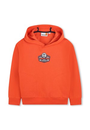 Un hoodie orange avec une finition texturée. Doté d'une poche avant et d'une étiquette avec le logo Timberland sur la poitrine. Conception à capuche avec des poignets côtelés.