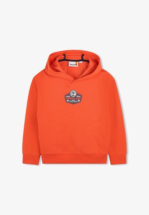 Oranje hoodie met een gestructureerde afwerking. Heeft een voorzak en een Timberland-logo patch op de borst. Capuchon ontwerp met geribde manchetten.