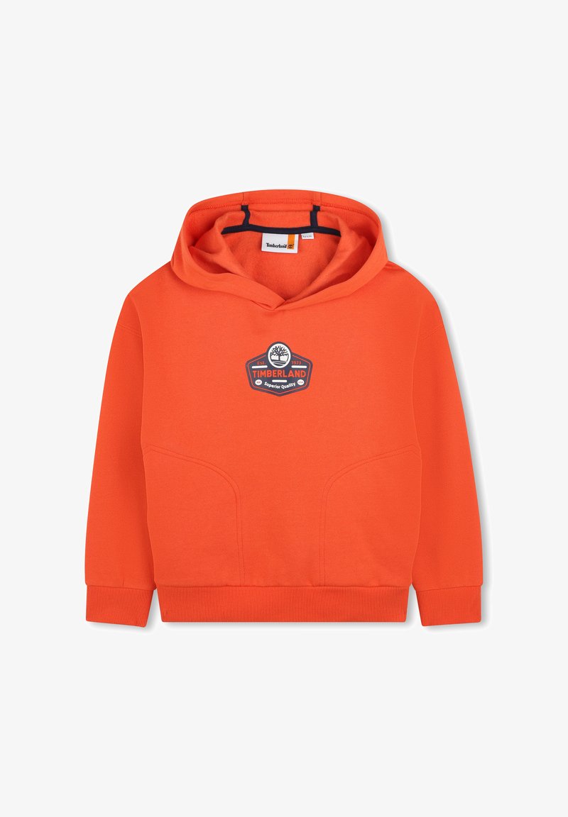Un hoodie orange avec une finition texturée. Doté d'une poche avant et d'une étiquette avec le logo Timberland sur la poitrine. Conception à capuche avec des poignets côtelés.