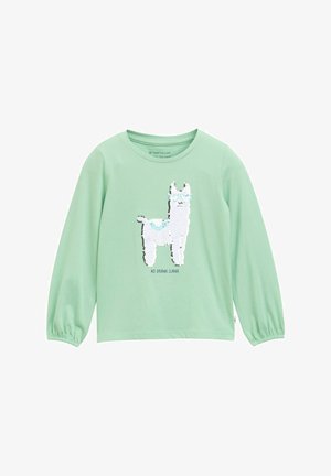 Cămașă mint verzuie cu manșon lung, decorată cu o lamă din paiete purtând ochelari și textul "FĂRĂ DRAMĂ LLAMA" pe față.
