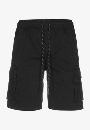 Mustad mustad lühikesed püksid, mis on valmistatud kangast, elastse vöökoha ja nööriga, küljetaskudega ning sirge lõikega.