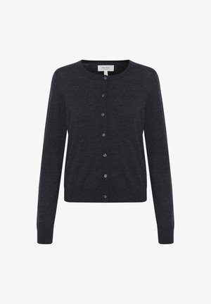 Tumehall villane kardigan ümmarguse kaelusega, pikkade varrukatega ja ees nupu kinniõmblemisega; omab siledat tekstuuri ja peent soonikut äärtes.