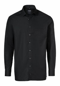 Schwarzes Langarmshirt aus glattem Stoff, mit Knopfverschluss vorne, einem spitzen Kragen und einer Brusttasche mit dezentem Logo.