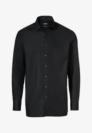 Zwarte lange mouwen shirt van gladde stof, met een knoopsluiting aan de voorkant, een puntige kraag en een borstzak met een subtiele logo.