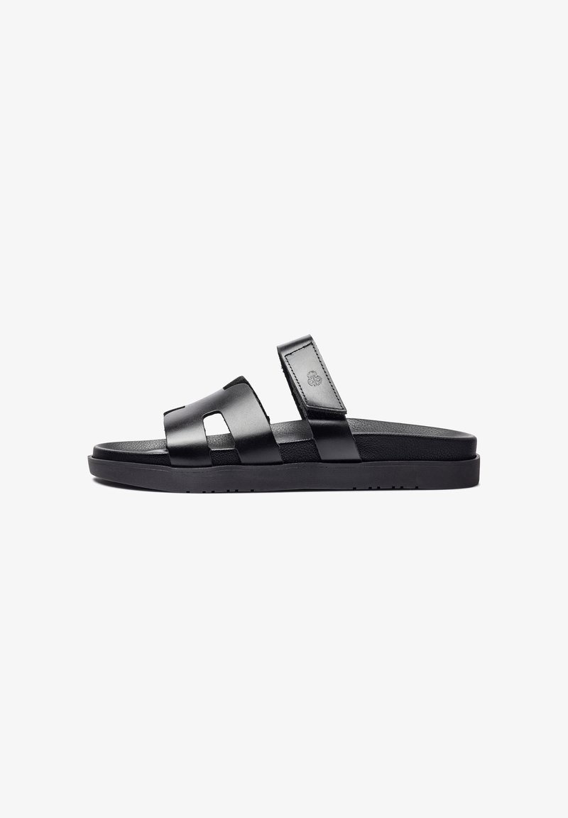 Sandale noire en cuir à enfiler avec deux larges brides, dont une avec une fermeture Velcro et un logo embossé, semelle plate.